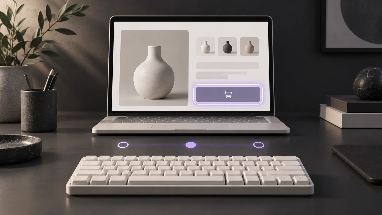 Laptop showing a product page with a highlighted buy button, on a studio desk with a keyboard in front