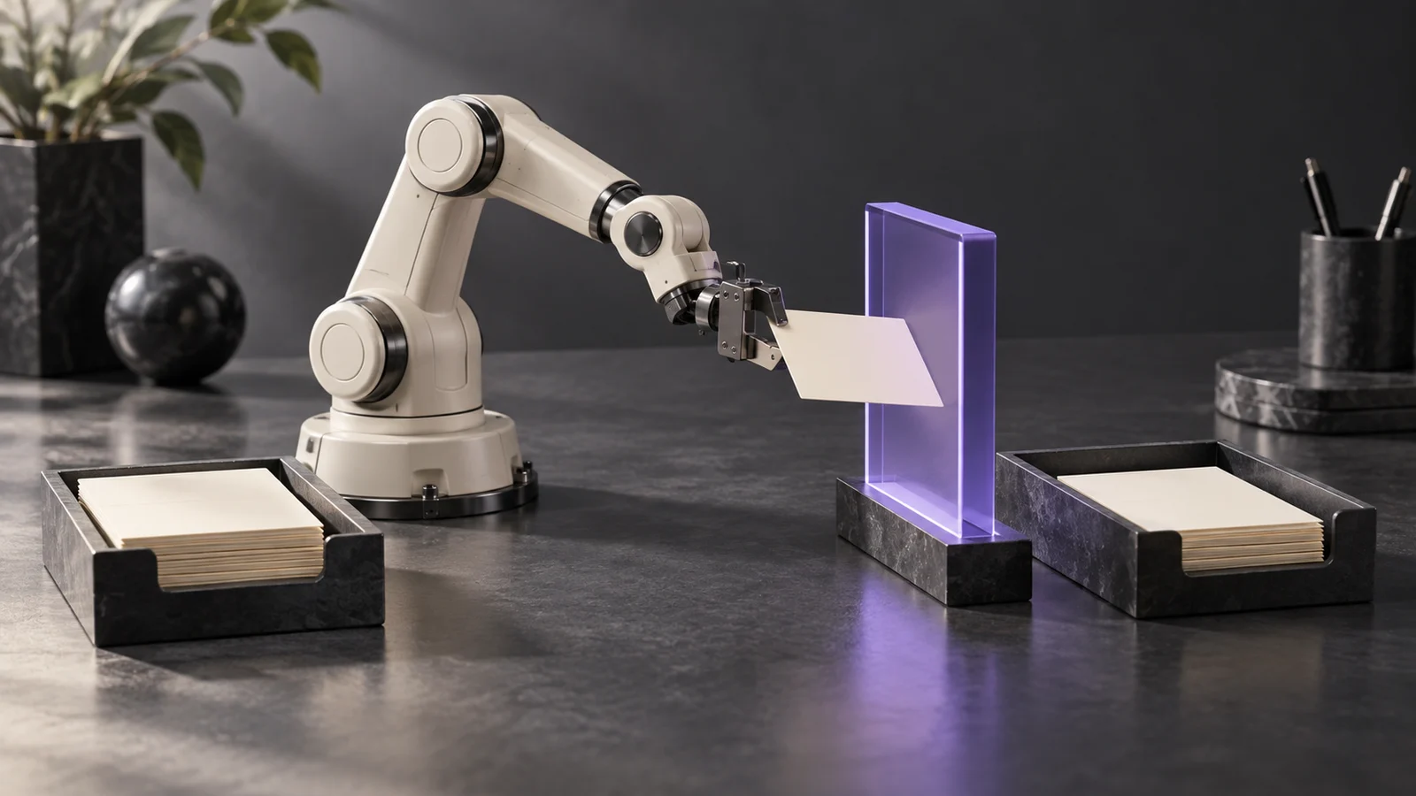 Ceramic robot arm passing a card through a violet glass gate between two document trays