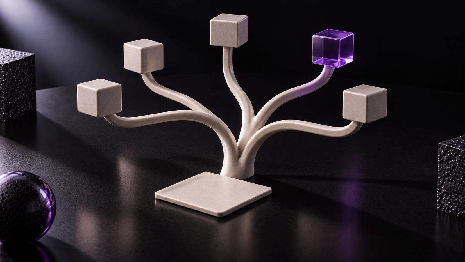 Ceramic card at the base of a branching structure whose arms end in identical blocks, one of them violet glass