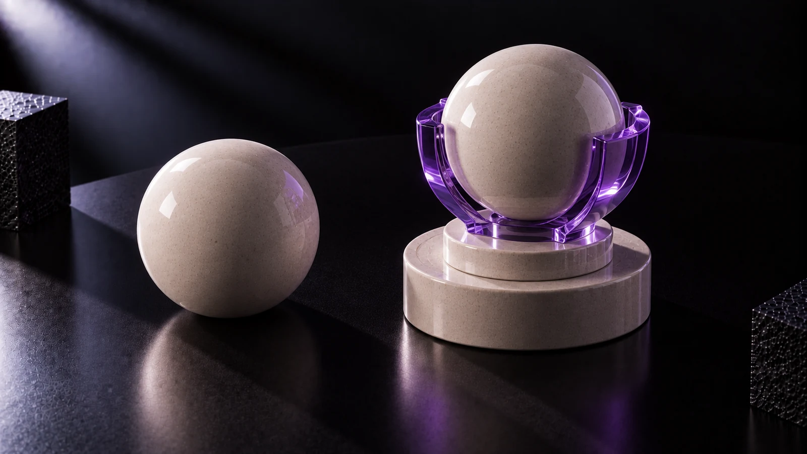 Two identical ceramic spheres: one loose on the surface, the other held in a violet glass cradle on a plinth