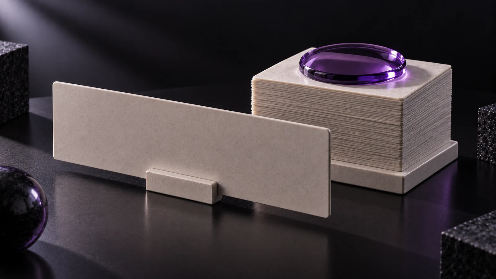 Two ceramic plaques on stands: a wide thin one in front and a small, much thicker one behind, with a violet glass lens resting on it
