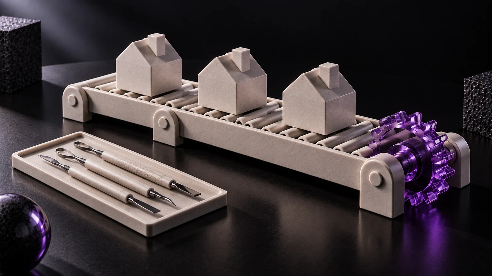 Ceramic roller conveyor carrying three identical small houses, a violet glass gear at the end and the sculpting tools set aside on a tray