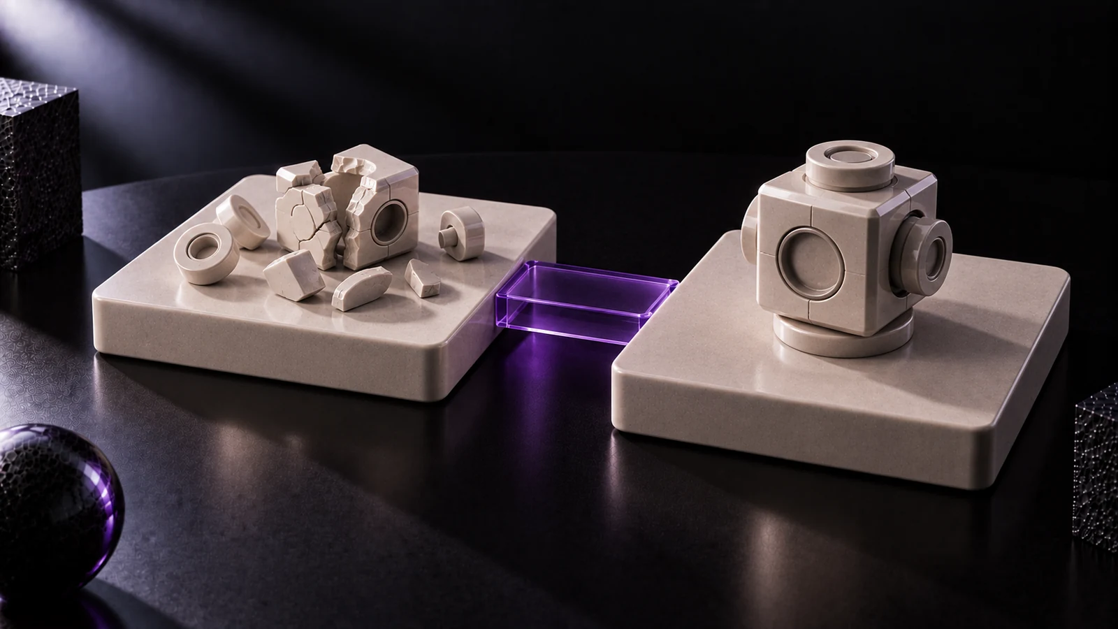 Two ceramic platforms joined by a violet glass bridge: broken parts on one, the same parts assembled on the other