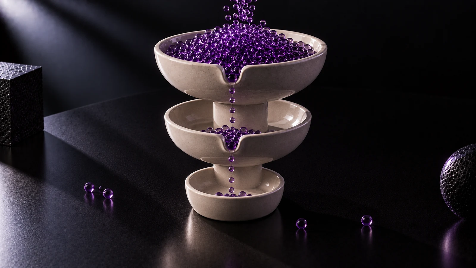 Three-tier ceramic fountain where the violet glass beads collect in the top bowl and barely reach the bottom one