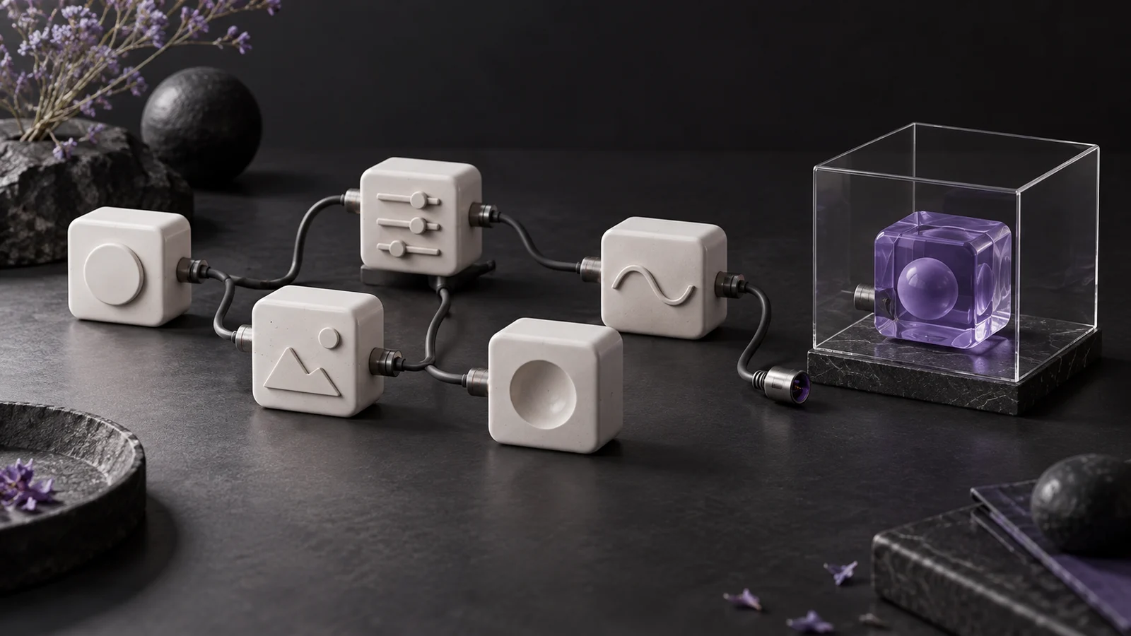 Ceramic modules connected by thin cables, with one violet glass module set apart inside a clear testing enclosure