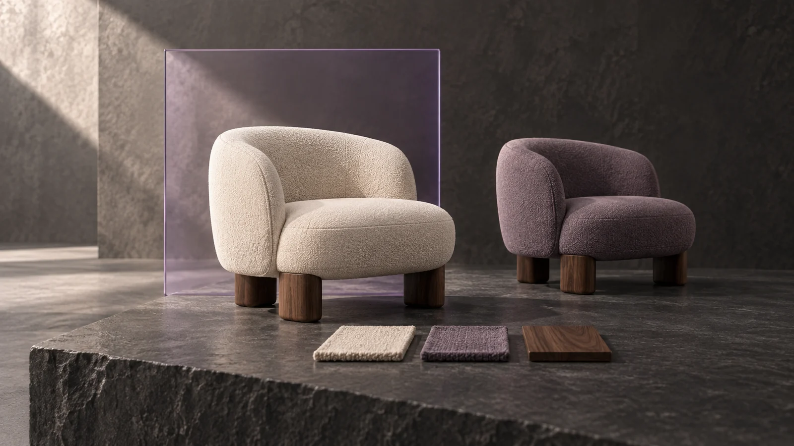 Two bouclé armchairs, one light and one violet, with fabric and wood swatches in front and a violet glass panel behind