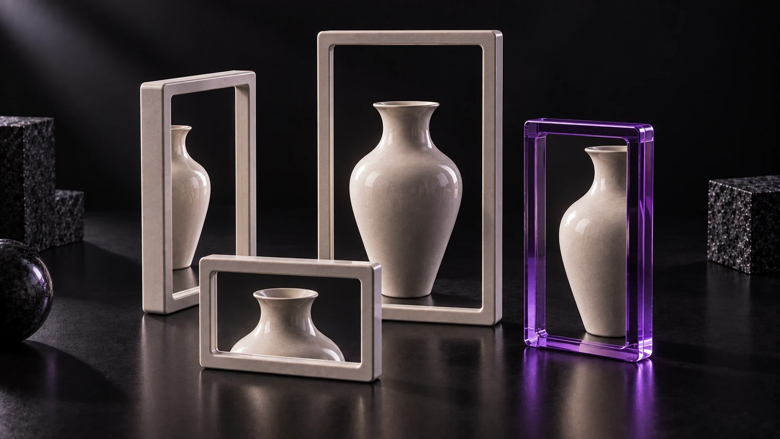 Ceramic vase surrounded by four empty frames of different proportions, one in violet glass