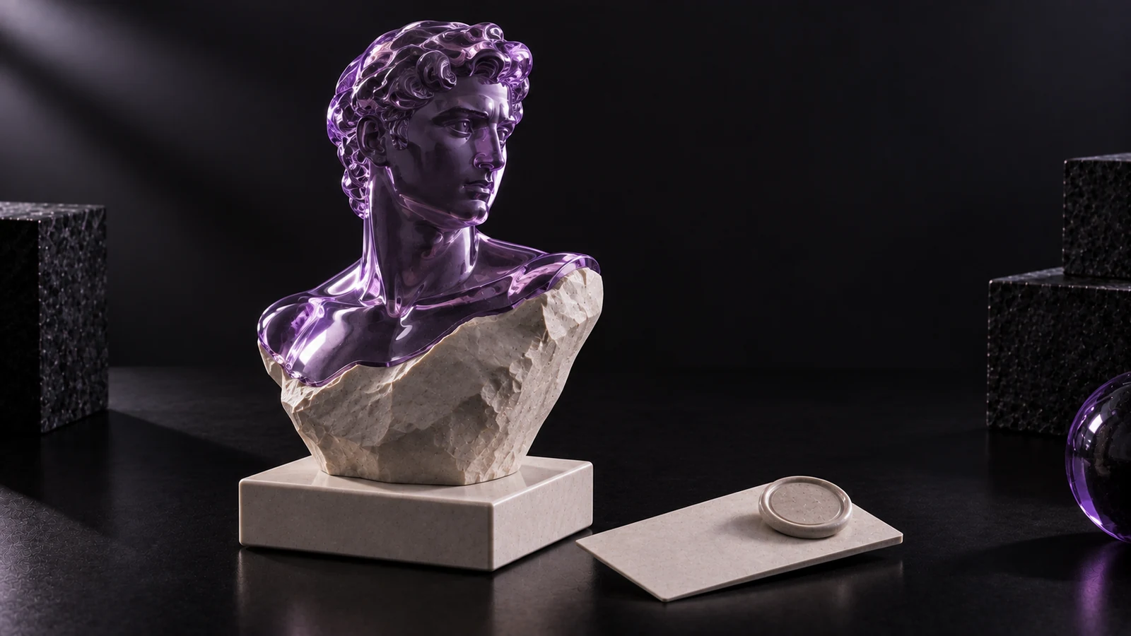 Ceramic bust with its upper half wrapped in violet glass, beside a blank card with a seal