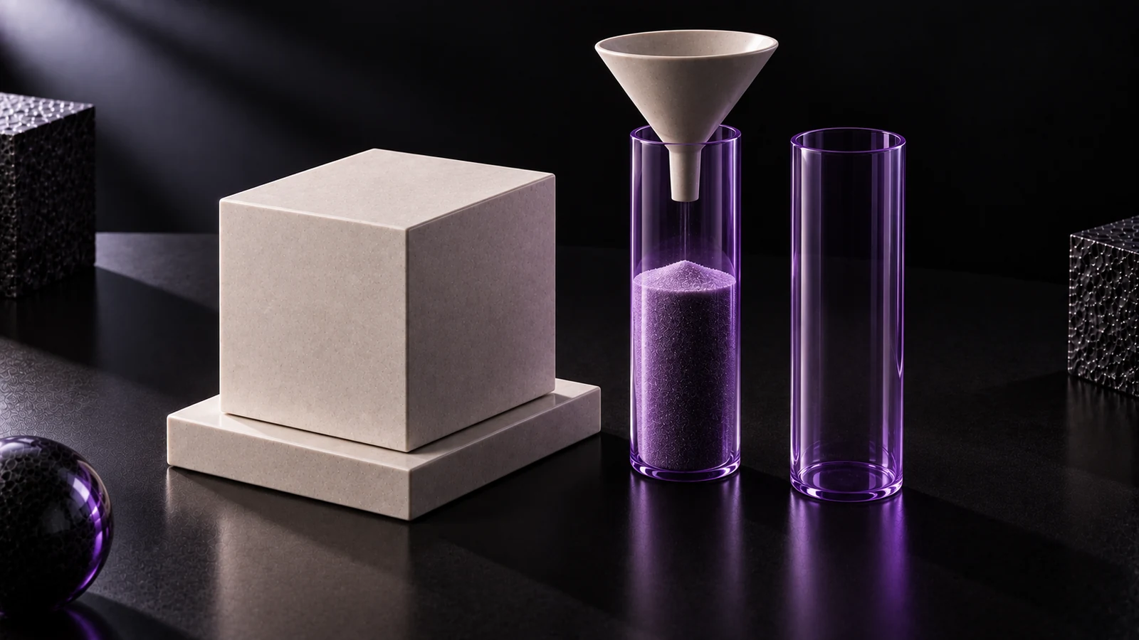 Ceramic cube on a plinth beside two violet glass cylinders, one half filled with sand and one empty