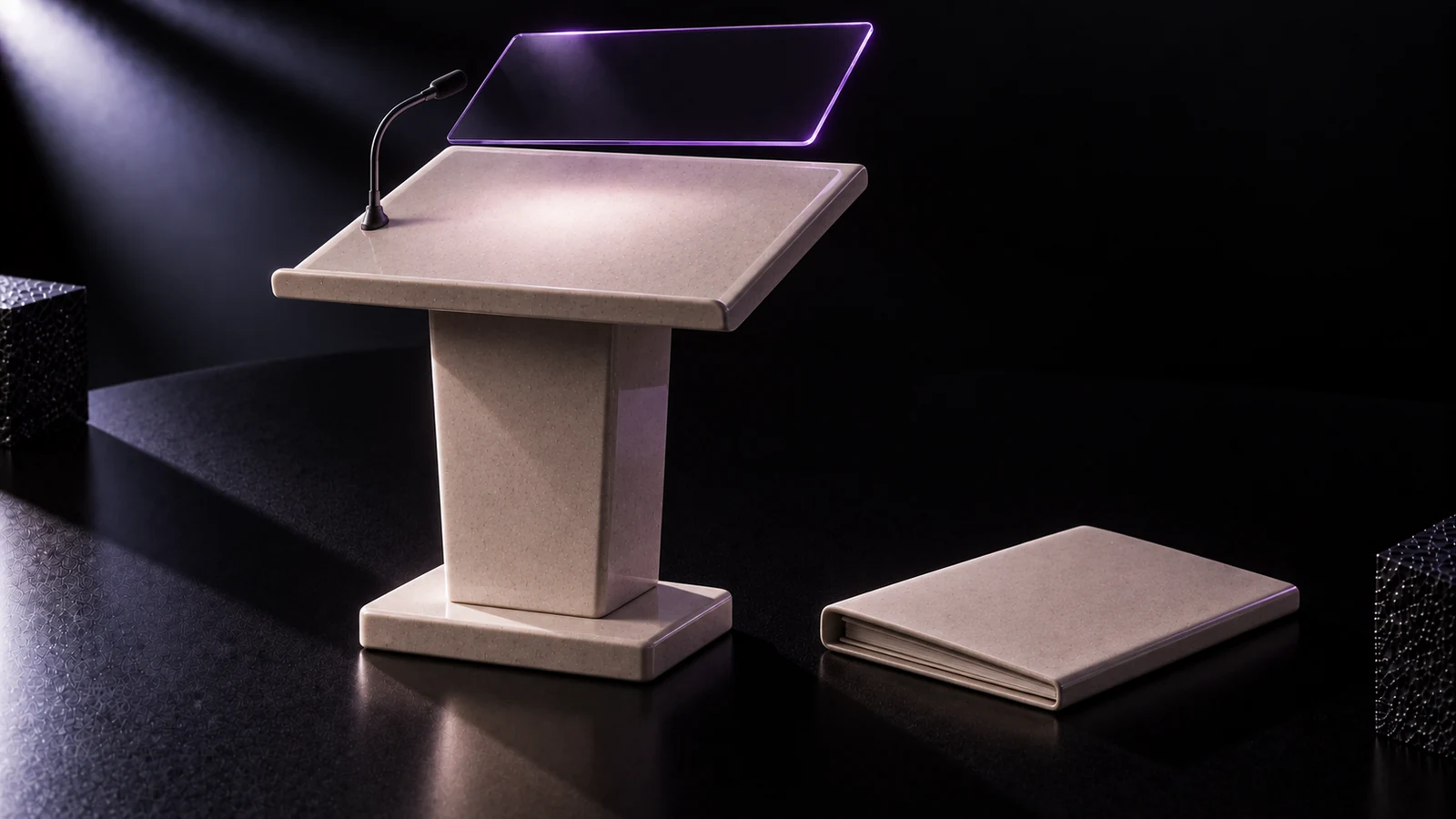 Ceramic lectern with an empty reading surface and a violet glass sheet suspended above it, next to a closed folder