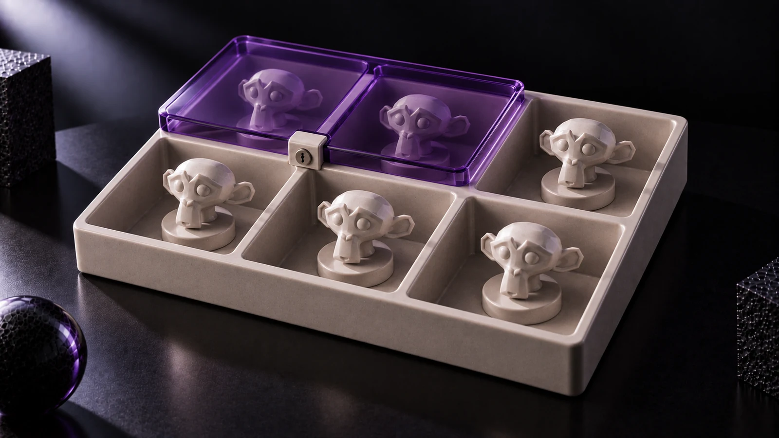 Ceramic tray with six compartments holding identical figures; two of them sealed under a violet glass lid