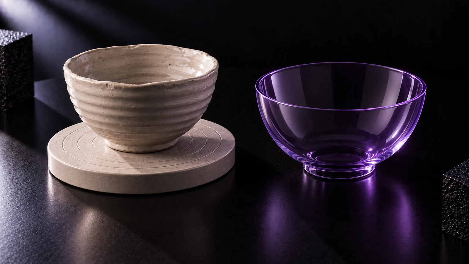 Hand-thrown ceramic bowl with visible finger ridges next to an identical, perfectly smooth violet glass bowl