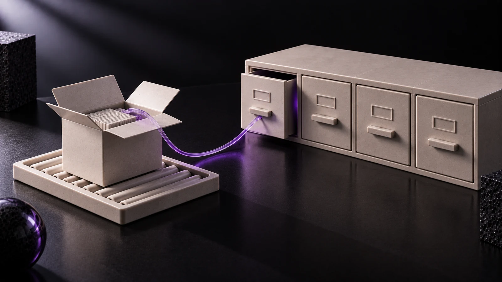Open ceramic parcel on a tray with a violet glass filament running from it to a row of closed drawers