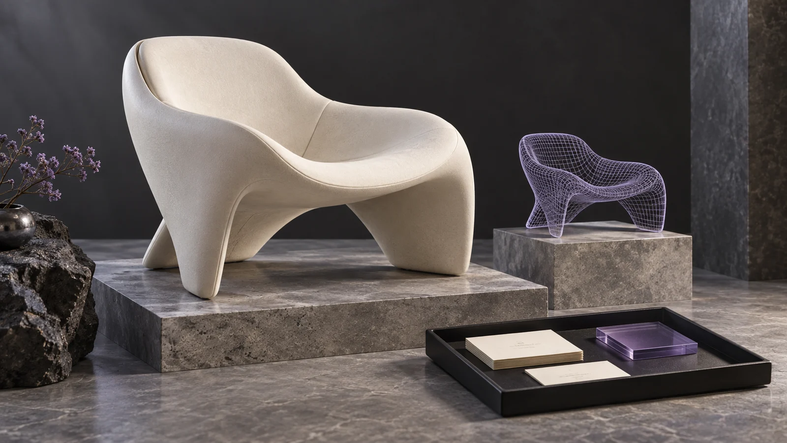 Sculpted white ceramic armchair next to a violet wireframe miniature and a tray of provenance cards