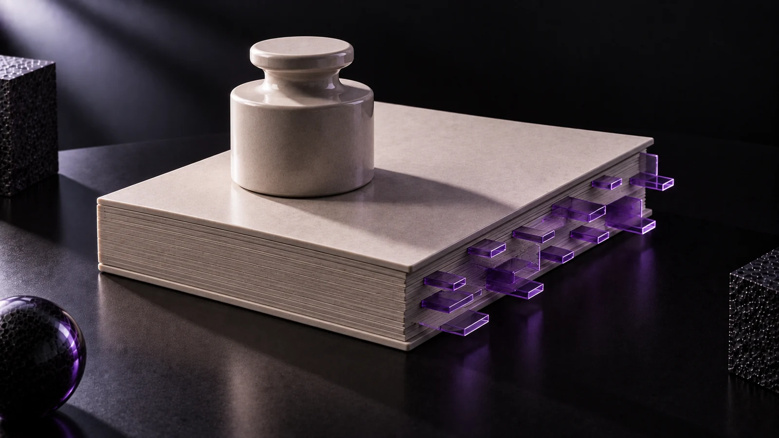 Ceramic block with many violet glass tabs along its edge and a weight resting on top
