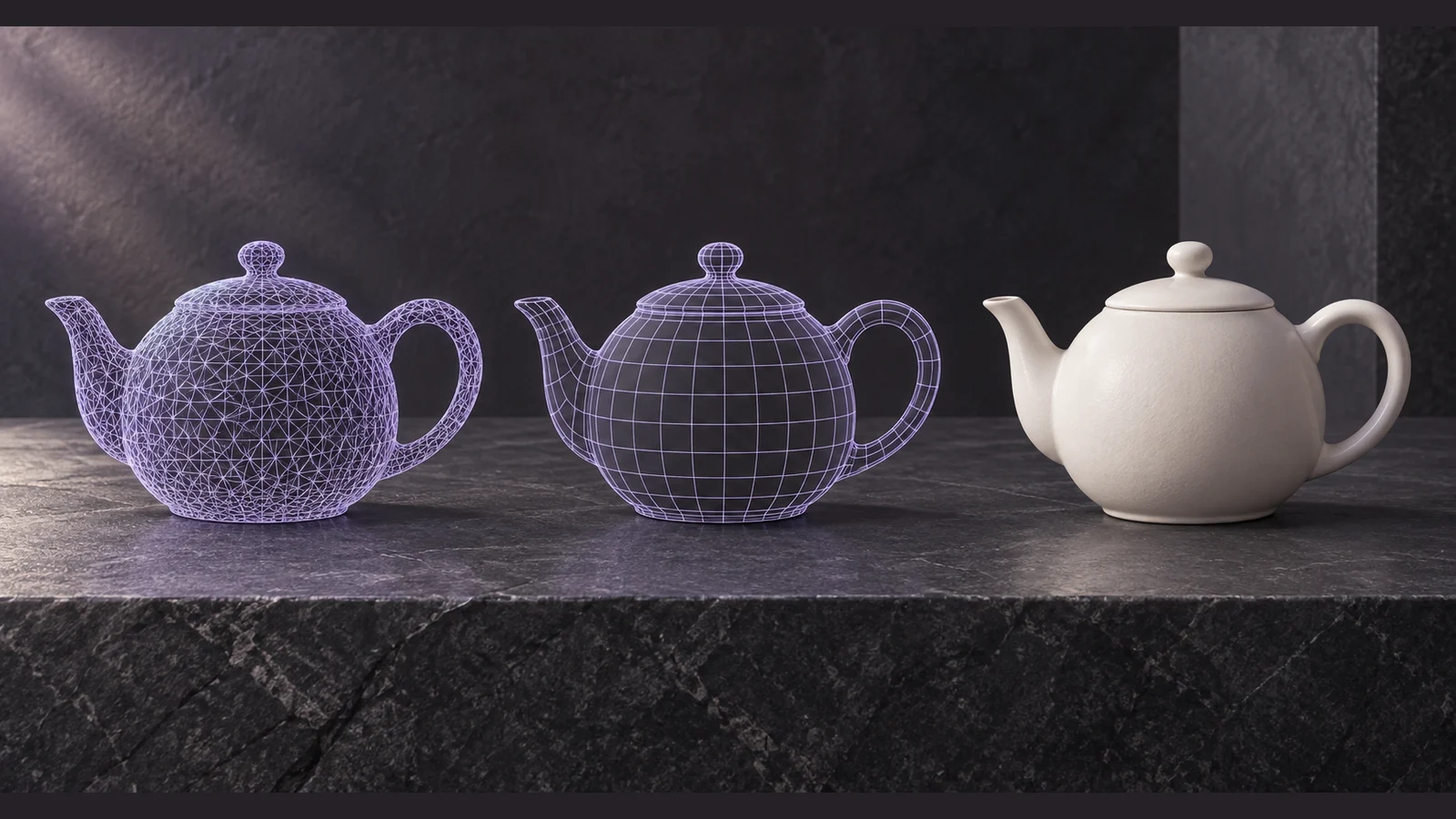Three teapots on stone: a violet triangle mesh, a quad mesh and the final piece in white ceramic