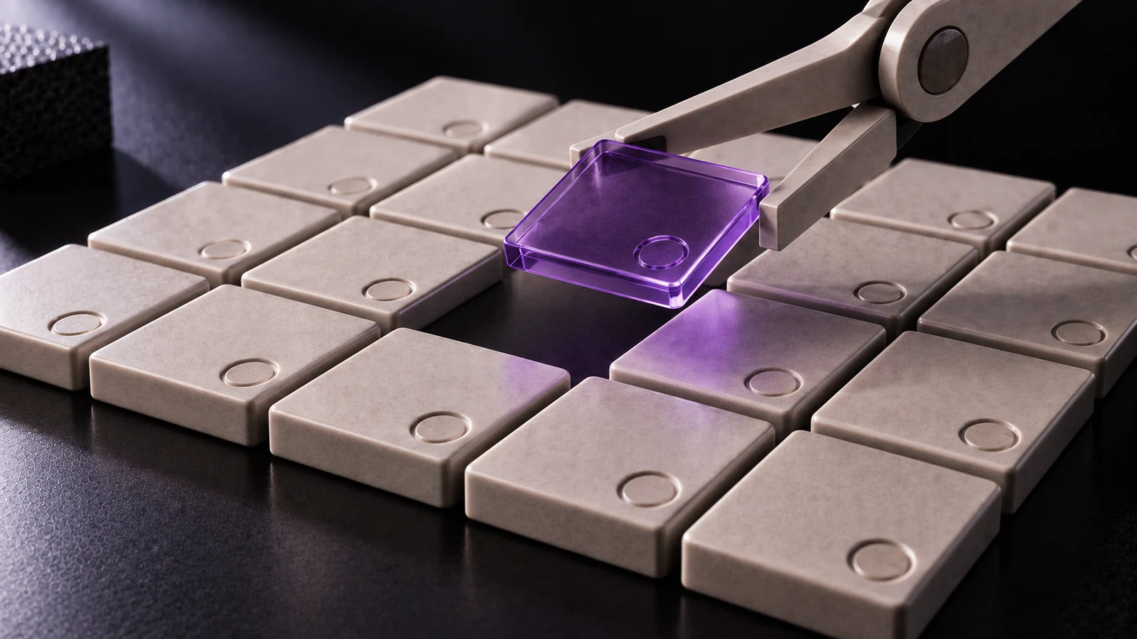 Grid of ceramic tiles with the same embossed seal; one violet glass tile lifted in a clamp
