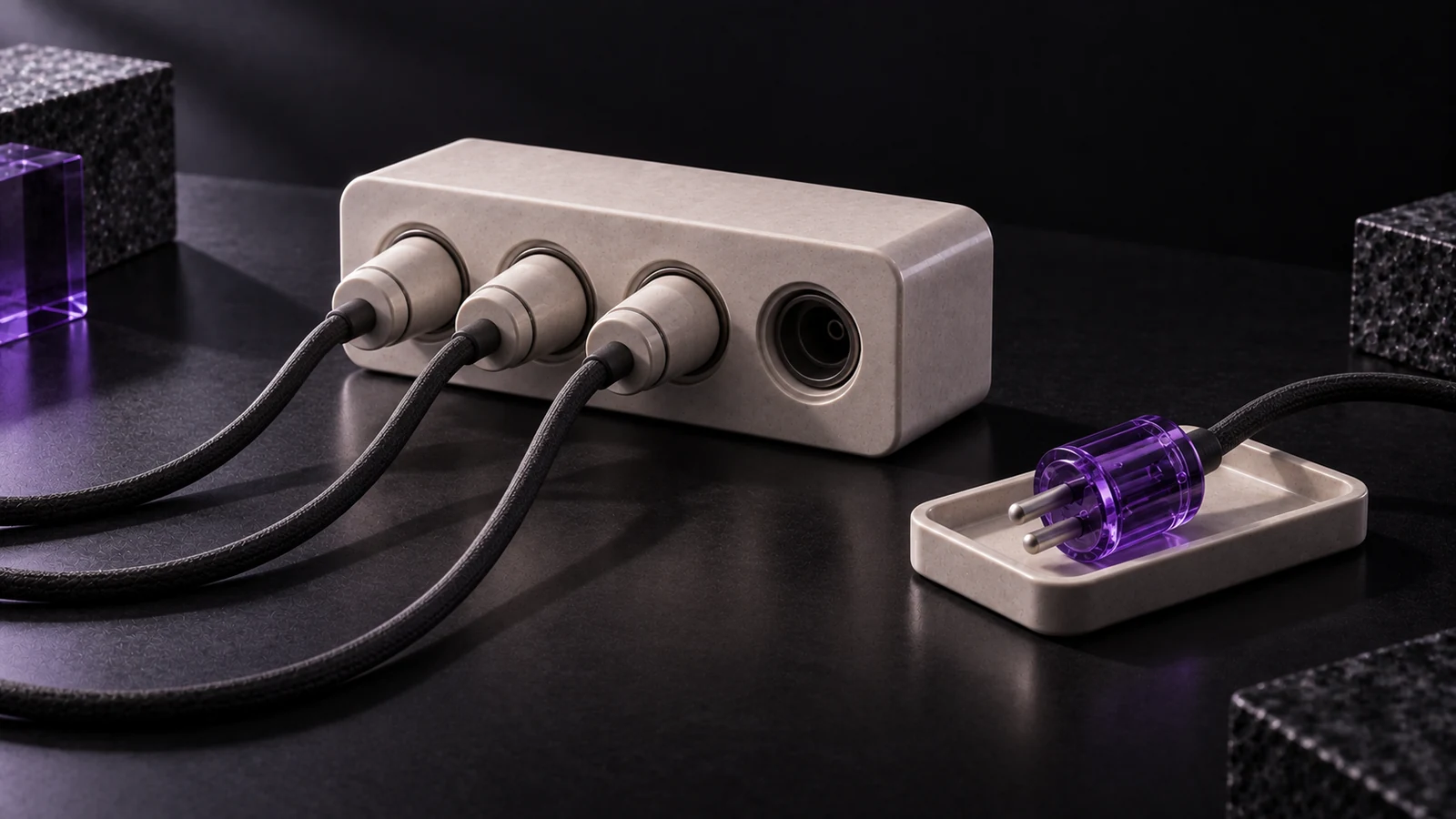 Ceramic hub with three plugs connected and a fourth violet glass plug set apart on a tray