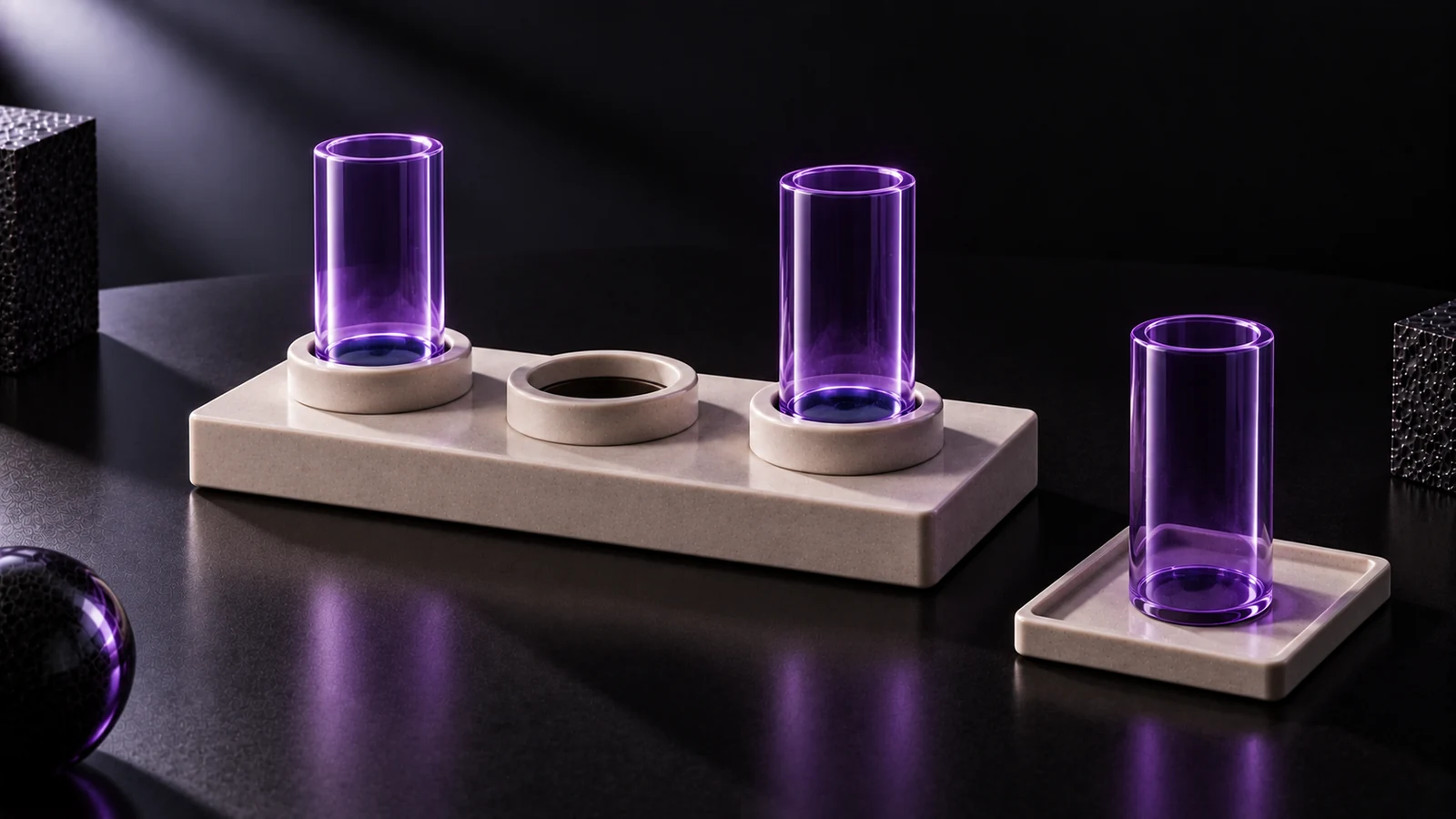Ceramic plate with three sockets: two holding lit violet glass cylinders and the middle one empty, with a spare on a tray