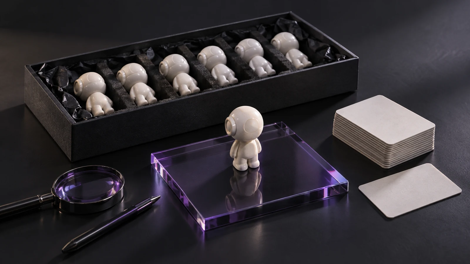 Delivery tray with ceramic pieces and an open specification folder beside it, on a studio desk