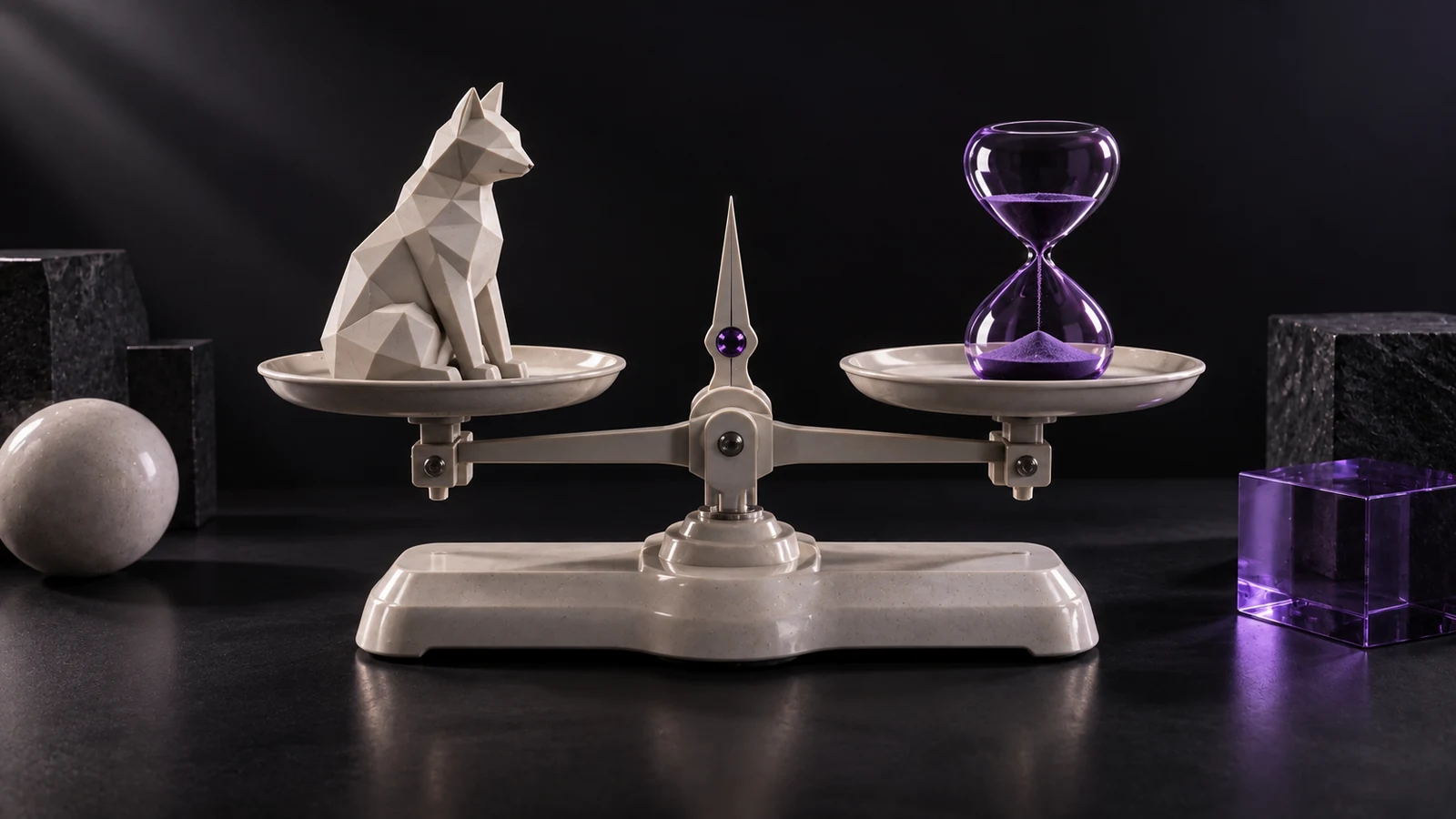 Precision balance with a ceramic piece on one pan and a violet glass block on the other