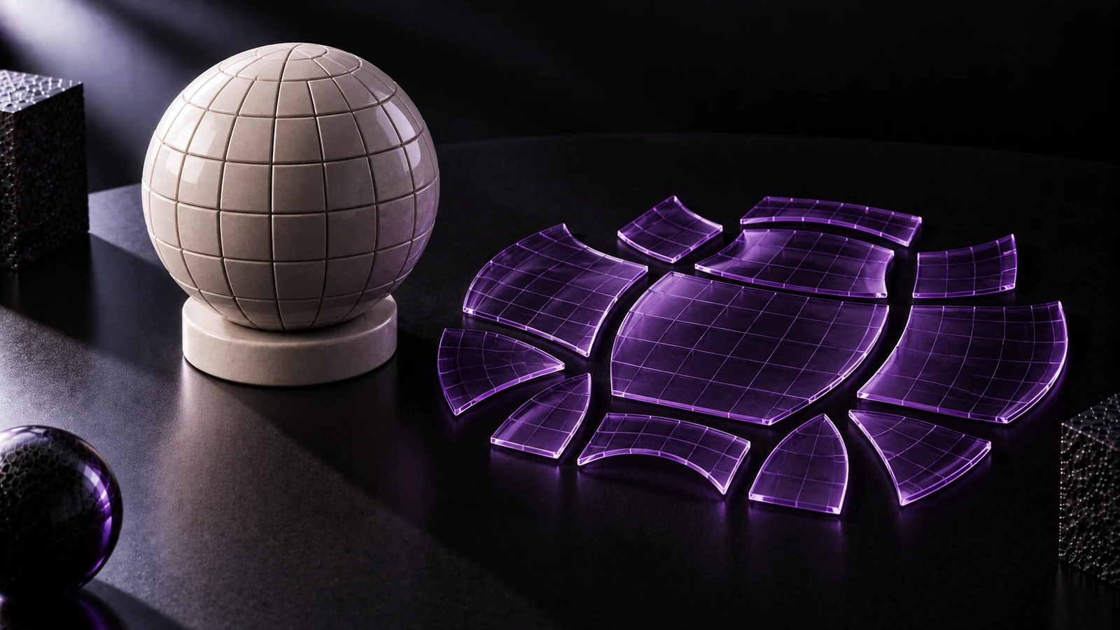 Ceramic sphere with an even quad grid beside a violet glass unwrap with its pieces laid apart