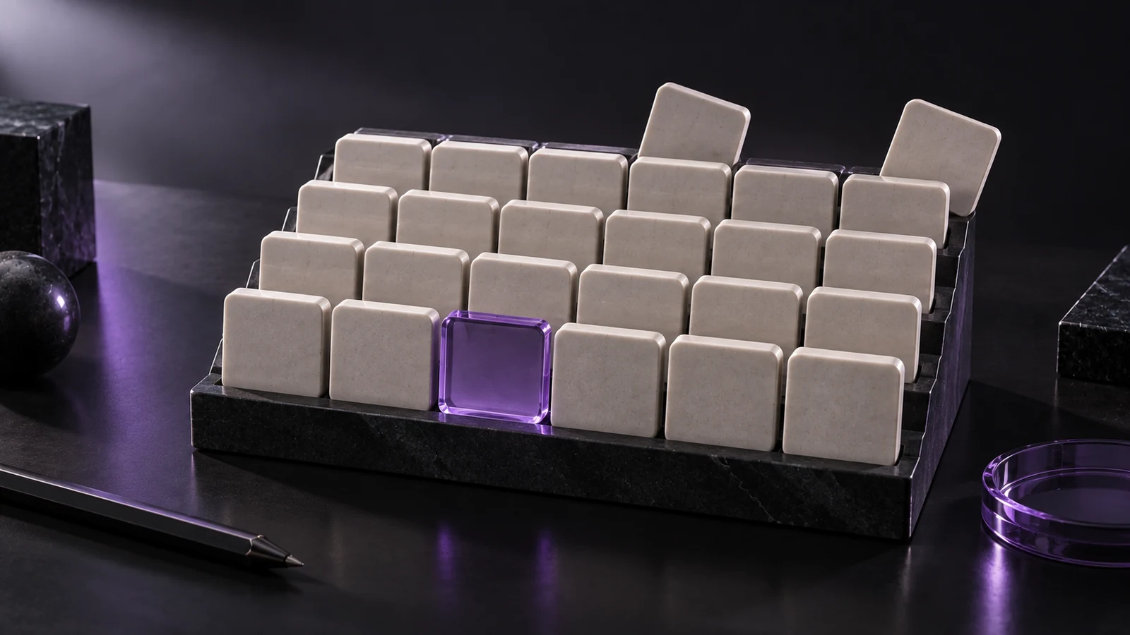 Ceramic desk calendar with two violet glass markers on dates, on a dark studio surface