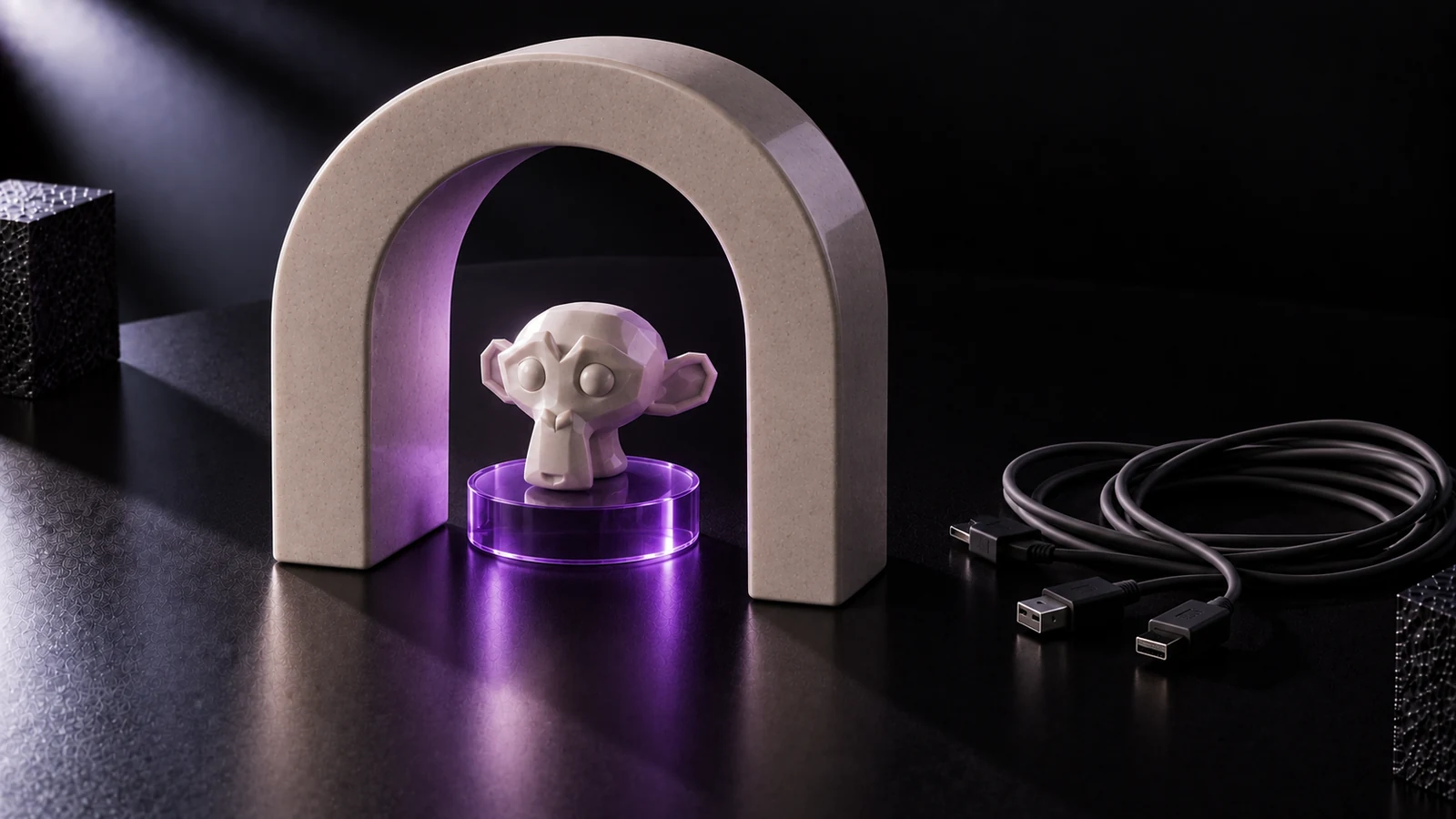 Ceramic archway with a small figure on a violet glass disc seen through the opening, and coiled cables set aside