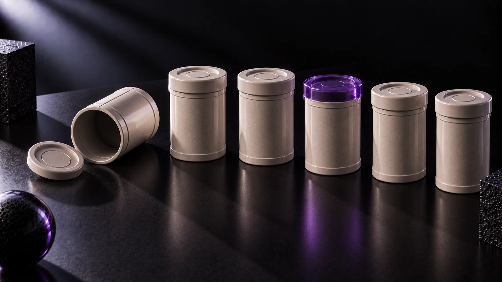 Five ceramic film canisters: the first toppled and empty, the rest upright, one sealed with a violet glass lid