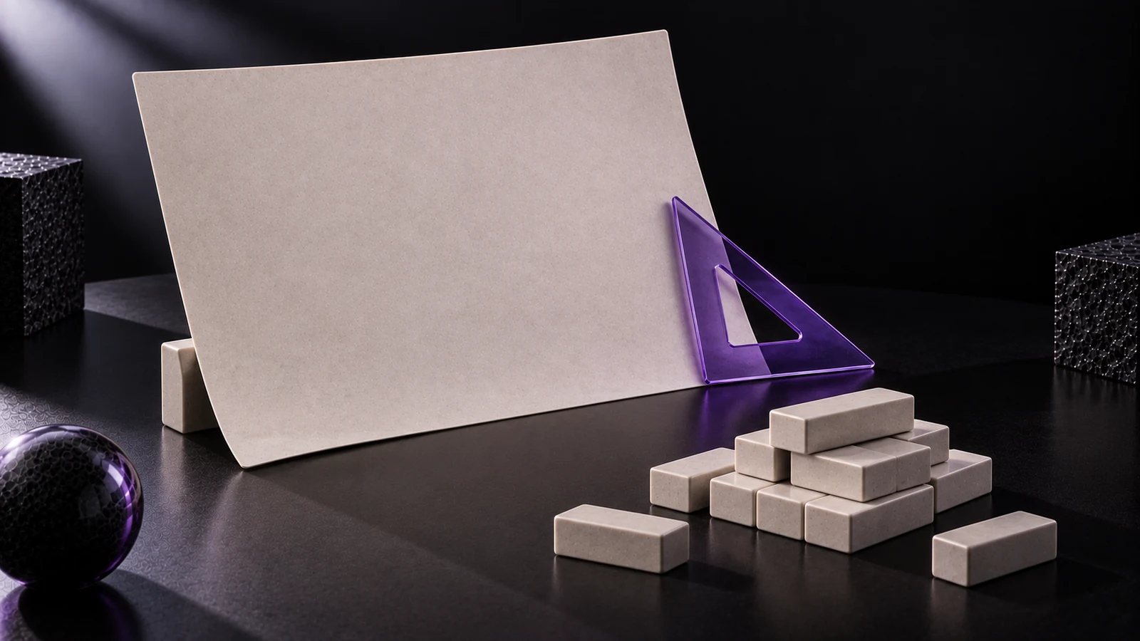 Blank ceramic sheet propped upright with a violet glass set square and a stack of unplaced bricks in front