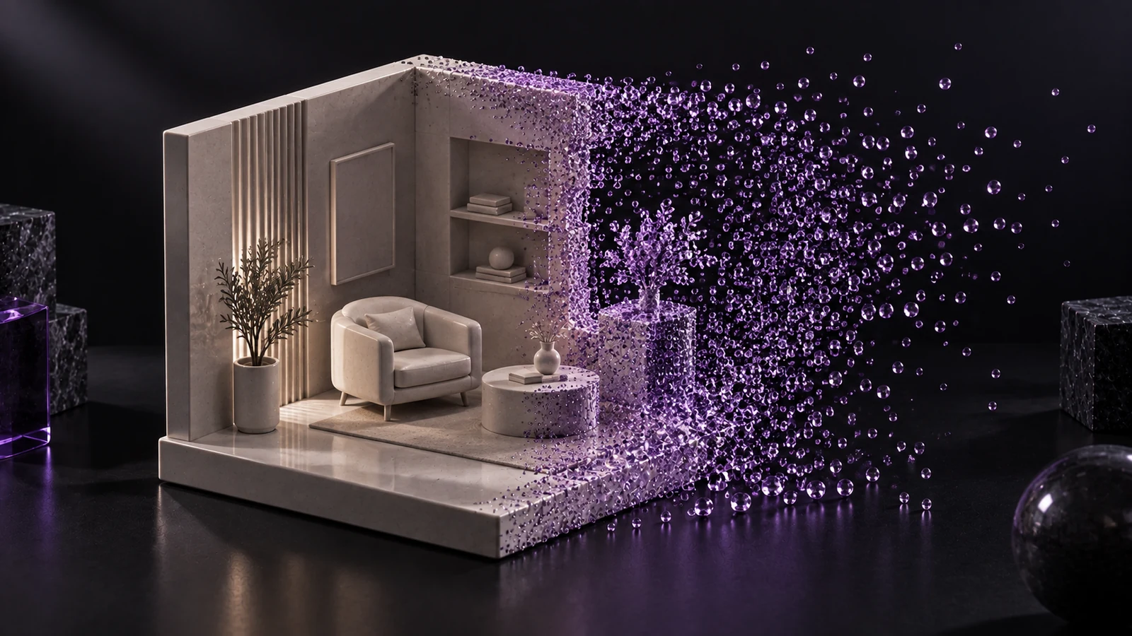 Ceramic model of an interior corner with an armchair dissolving into a cloud of violet glass beads