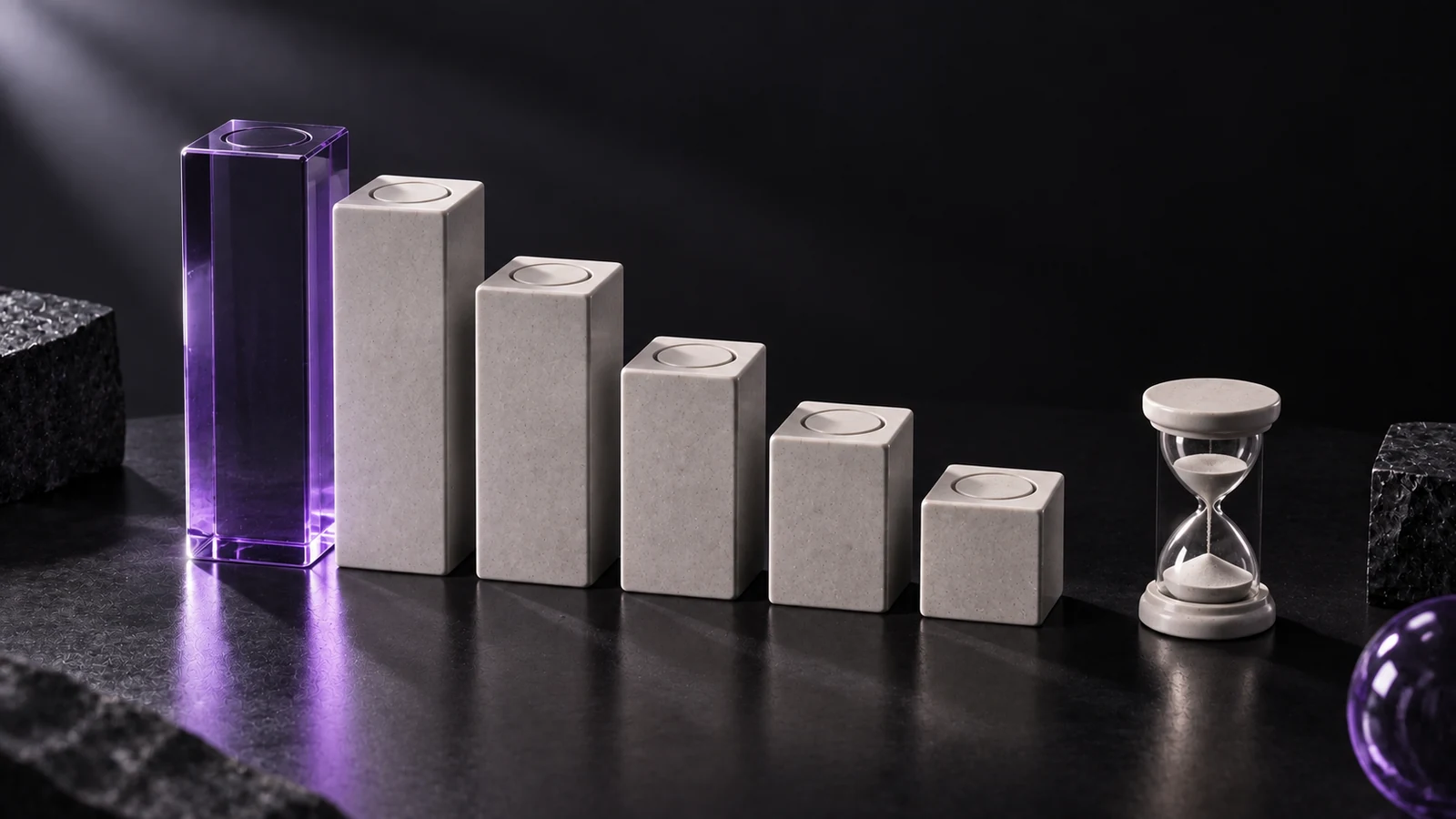 Row of ceramic blocks stacked as layers, one of them violet glass, with an hourglass beside them