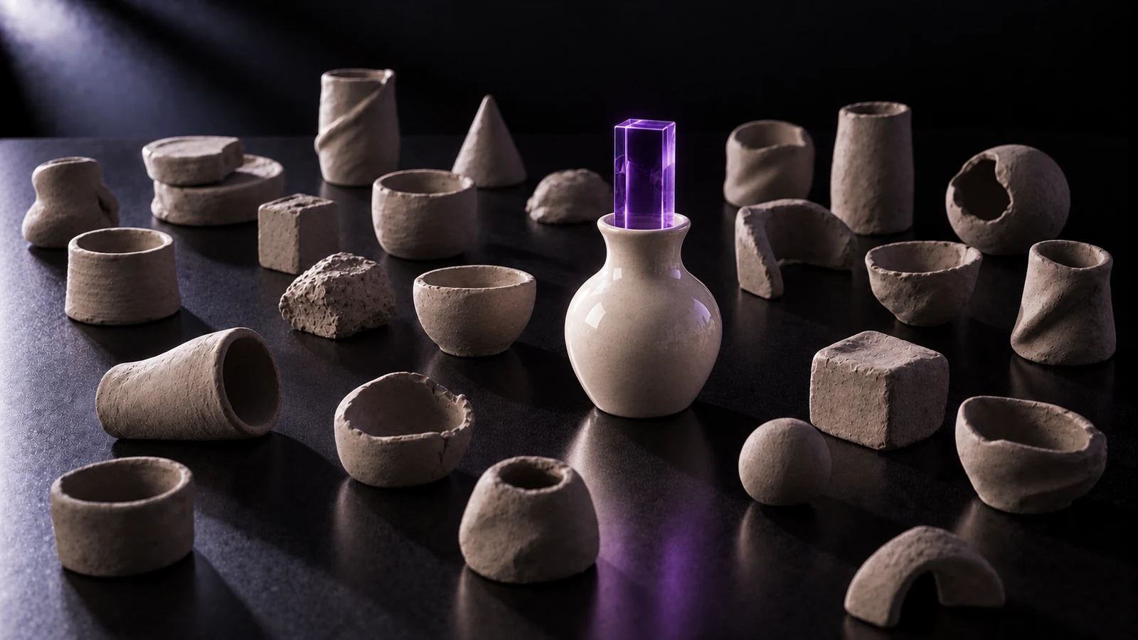 Many unfired clay pieces scattered across a black surface and, among them, a single finished ceramic vessel holding a translucent violet glass element