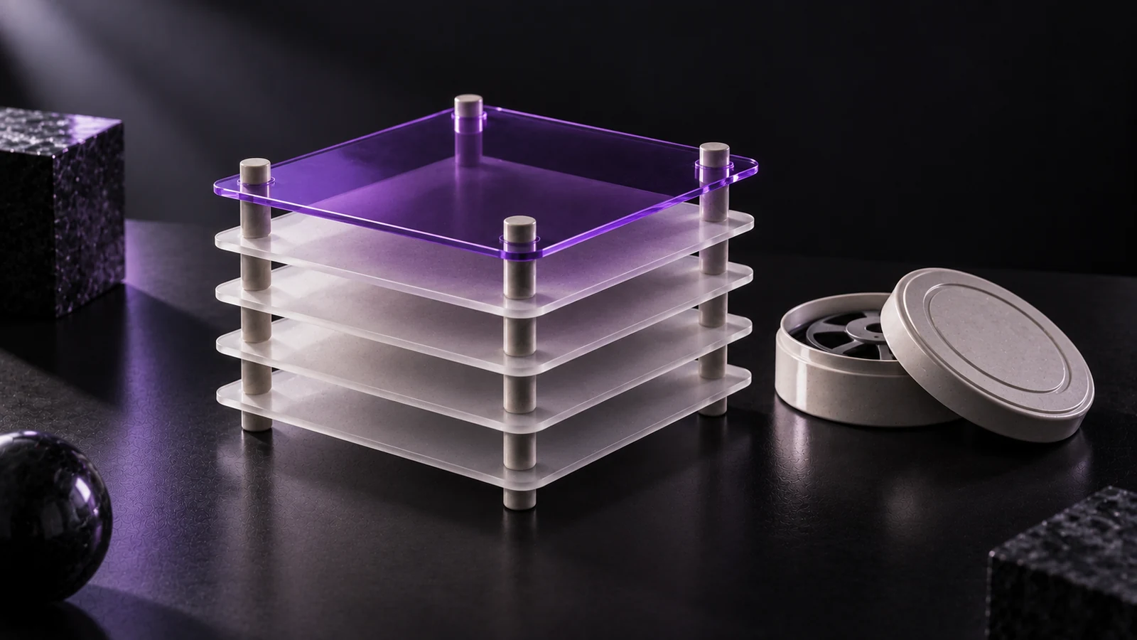 Stack of frosted glass plates spaced apart like layers, the top one violet, next to a ceramic film canister