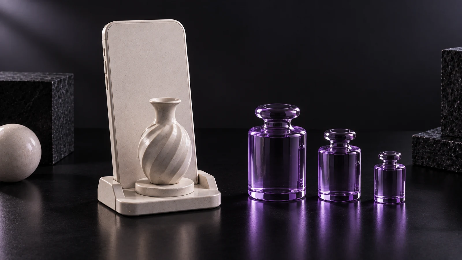 Phone on a stand showing a ceramic vase, next to three violet glass weights of different sizes