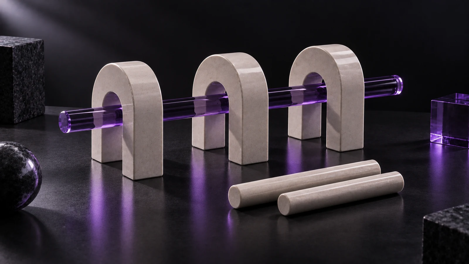 Three ceramic arches in a row with a single violet glass rod passing through all of them, two shorter rods beside
