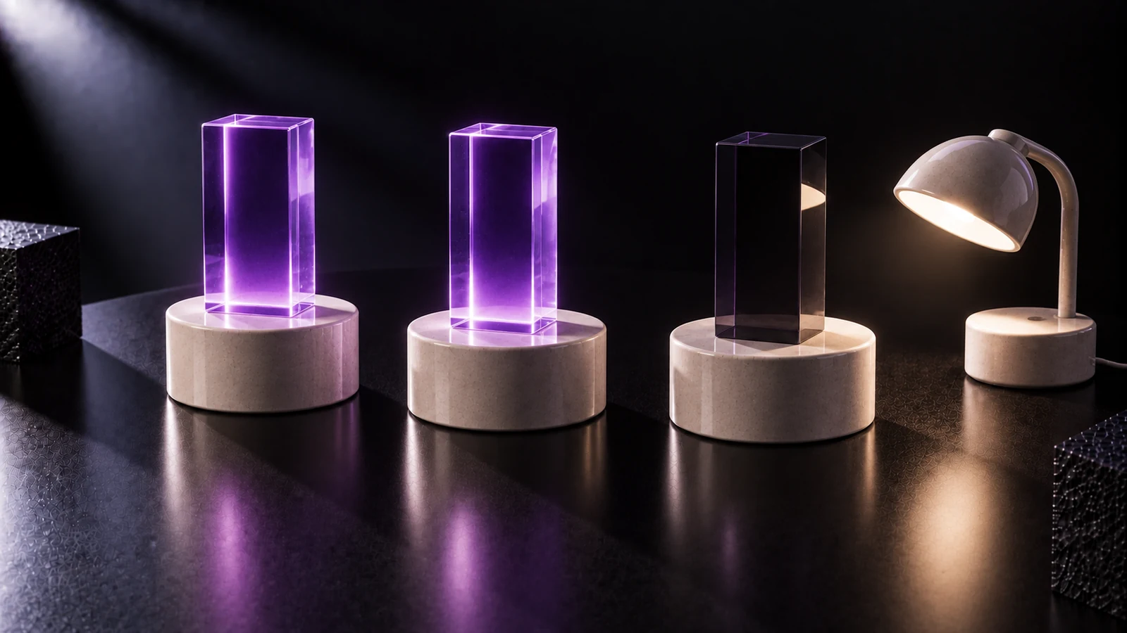 Three ceramic pedestals each holding a violet glass prism: two lit and the third dark, with a ceramic lamp giving light beside it