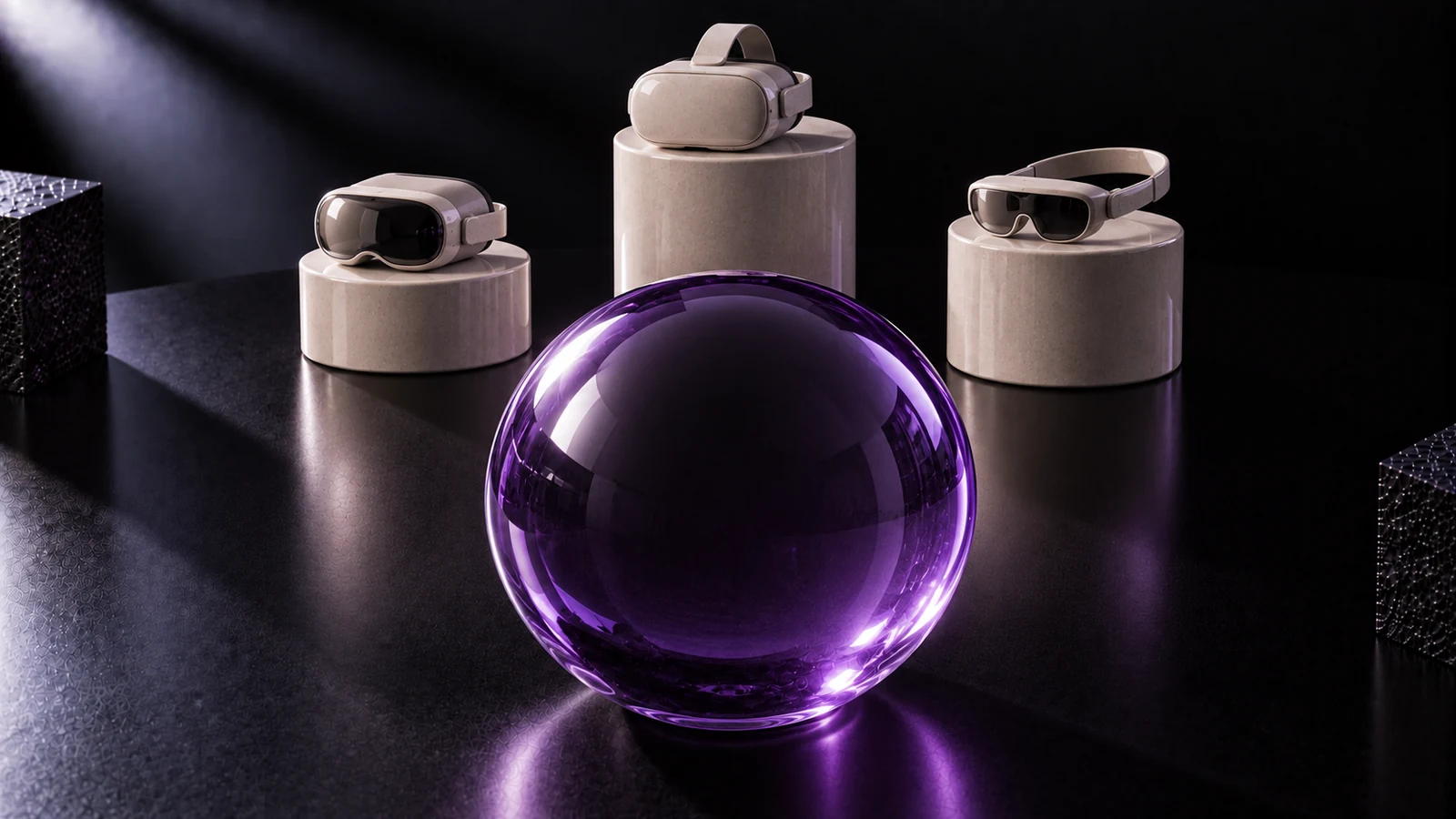 Three ceramic pedestals holding small viewers at the back and, in front, a much larger violet glass sphere
