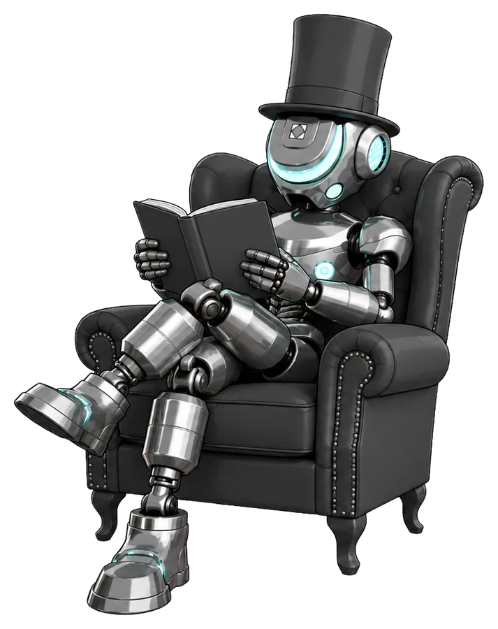 Kalvin, the Contrast mascot, reading a book in an armchair