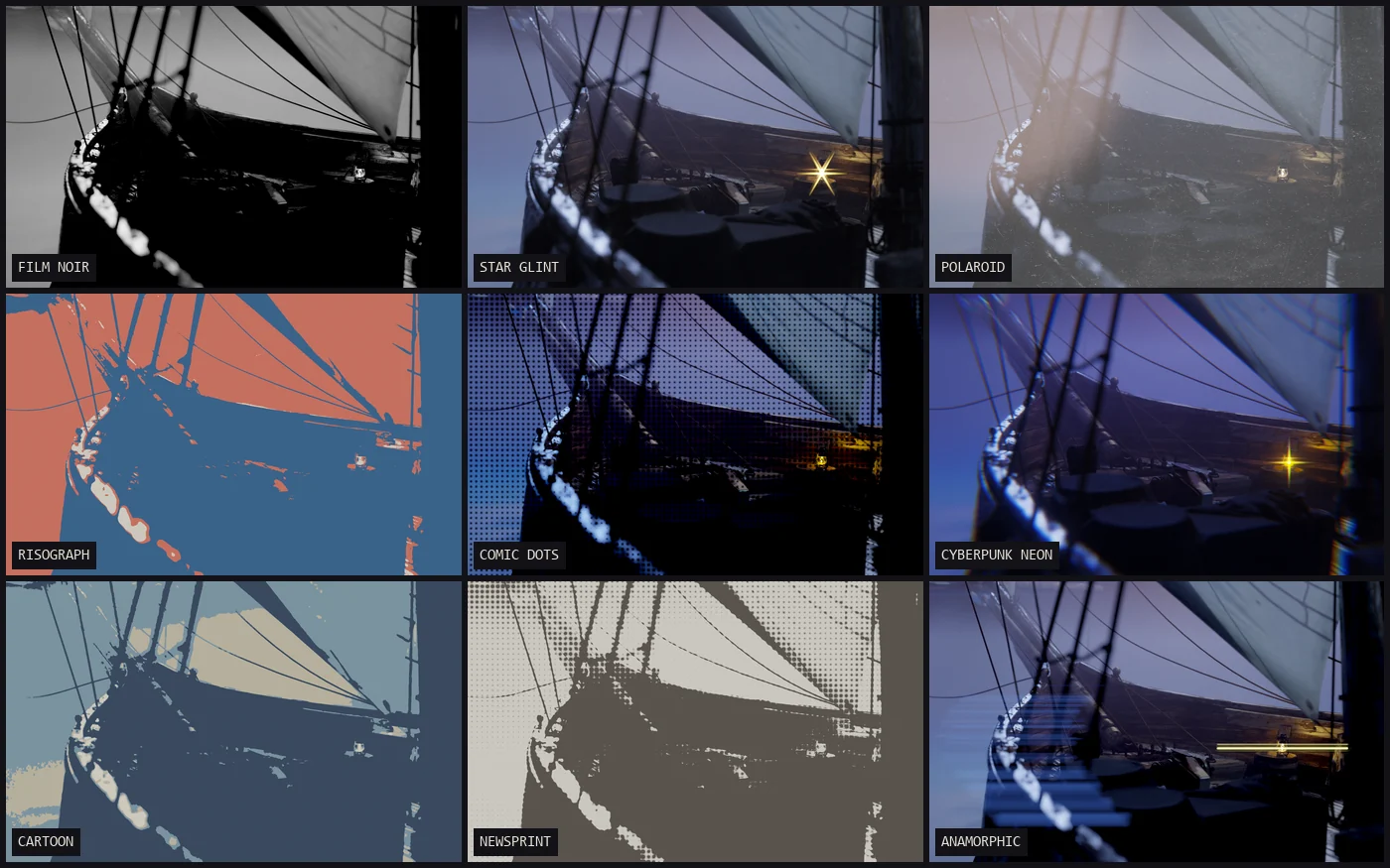 The same ship frame with nine looks: Film Noir, Star Glint, Polaroid, Risograph, Comic Dots, Cyberpunk Neon, Cartoon, Newsprint and Anamorphic