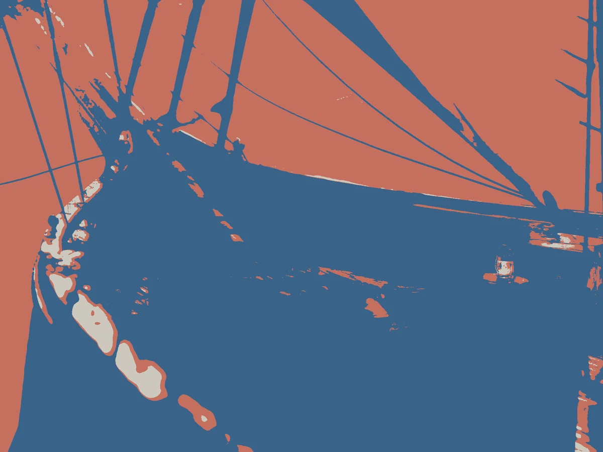The ship with the Risograph look: two inks, coral and blue, on cream paper