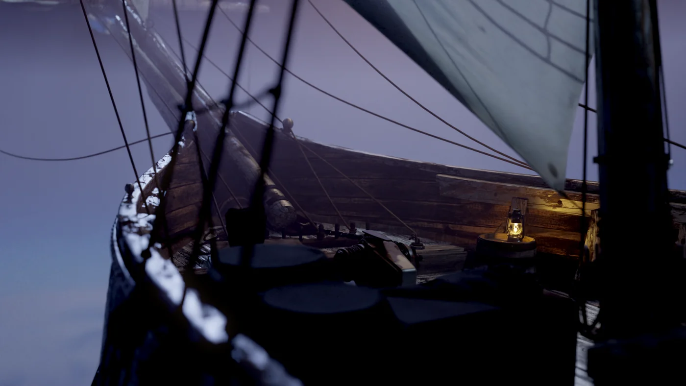Deck of a sailing ship at night with a lit lantern, finished with the Fast Compositor Warm Film look